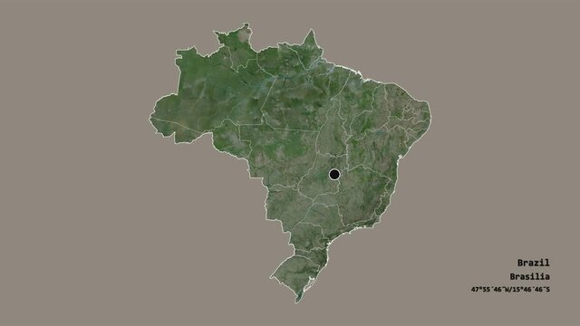 Mato Grosso do Sul, state of Brazil, with its capital, localized, outlined and zoomed with informative overlays on a satellite map in the Stereographic projection. Animation 3D