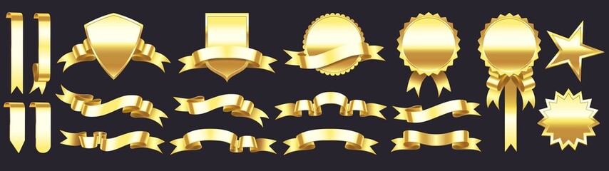 Gold banner with ribbons. Shapes for gift, accessory and tag. Festive shining tape, tag, star and medal design for victory in contest. Decorative labels and badges vector illustration