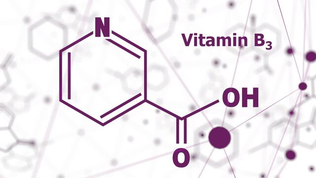 Structural chemical formula of niacin. Nicotinic acid or vitamin b3. Connected lines with dots background.