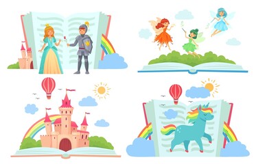 Open books with fairy tales characters. Kingdom with castle, royal knight giving rose to princess. Cute fairies flying with magic wands in dresses with wings. Unicorn with rainbow vector illustration
