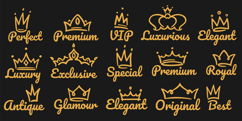 Premium crown logo. Sketch golden luxurious and exclusive, special and glamour diadems. Crowns with different decoration for vip or royal person logotype. Queen, king accessory vector illustration © Tartila