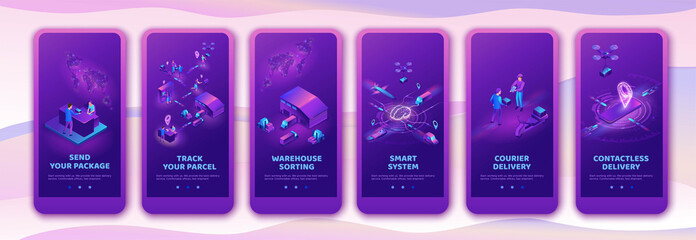 Isometric delivery service with truck at warehouse, mobile app template set, smart logistics company illustration, shipment by plane, car, by postal drone, people receive parcel at packstation