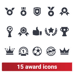Award icons. Vector set of winner prizes and trophy pictograms. Leadership, competition, winning and rewarding symbols. Isolated clip art collection on white background.