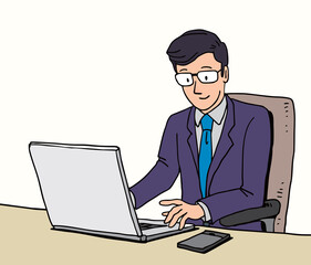 Businessman working with laptop computer and mobile phone, Vector illustration character, draw, sketch, doodle style.