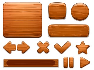 Wooden UI. Wood textured plate frame, cartoon banner panel and game buttons. Arrow, star and play stop button vector illustration set. Assets of different shapes, kit for playing, gui elements - obrazy, fototapety, plakaty
