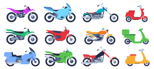 Fototapeta premium Płaski motocykl. Motocykle motocyklowe, skutery miejskie i rowery szosowe. Retro śmigłowce, motocykl sportowy i widok z boku silnika wektor zestaw ilustracji. Skuter do transportu