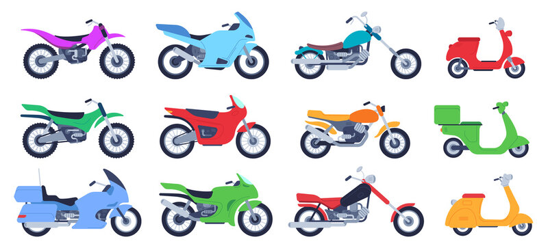 Flat motorbike. Biker motorcycles, city delivery scooters and road bikes. Retro choppers, sport motorcycle and motor side view vector illustration set. Scooter vehicle for transportation