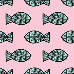 Naklejka premium Seamless vector illustration of tribal style Motif art blue fish on pastel pink background for making many kinds of printing or textile graphic related Aboriginal, Maya, Inca, African trendy style