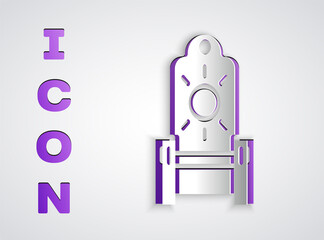 Paper cut Medieval throne icon isolated on grey background. Paper art style. Vector.
