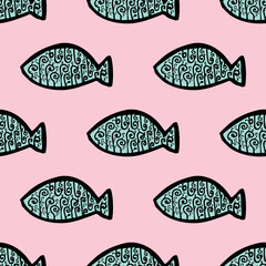 Seamless vector illustration of tribal style Motif art blue fish on pastel pink background for making many kinds of printing or textile graphic related Aboriginal, Maya, Inca, African trendy style