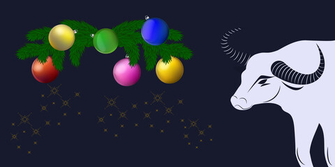Obraz na płótnie Canvas Garland of Christmas tree branches and balls, White bull with swirling horns - illustration, vector. New Year banner. Winter holidays.