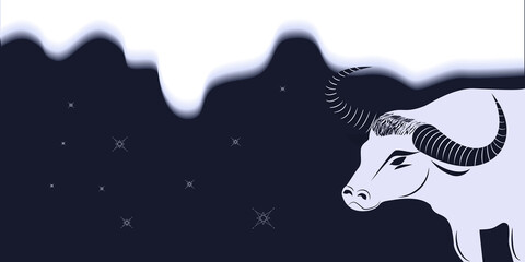 Snow border, White bull with swirling horns - illustration, vector. New Year banner. Winter holidays.