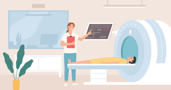 Magnetic resonance imaging. Patient having scan procedure in hospital with doctor examining results tomography, x ray scanner vector concept. Diagnosing body parts using MRI, health care