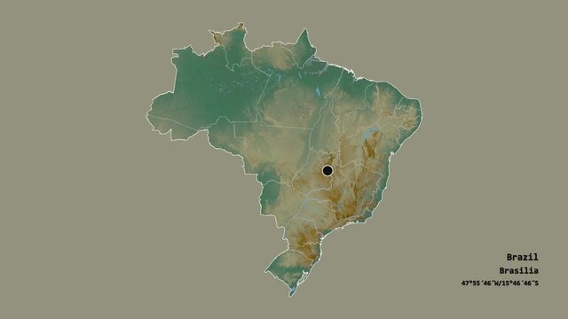 Mato Grosso, state of Brazil, with its capital, localized, outlined and zoomed with informative overlays on a relief map in the Stereographic projection. Animation 3D