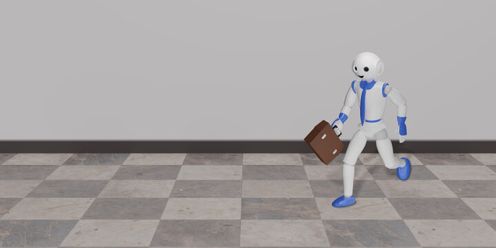 Roboter rennt mit Aktentasche &uuml;ber Fliesen. 3d rendering