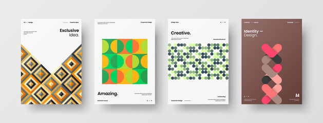 Fototapeta premium Company identity brochure template collection. Business presentation vector A4 vertical orientation front page mock up set. Corporate report cover abstract geometric illustration design layout bundle.