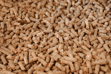 close up to Wood Pellet pile for alternative energy power, raw material background.