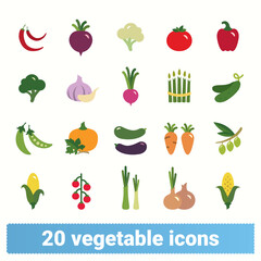 Vegetables flat style icons. Chilli pepper, tomato, corn, asparagus, broccoli and other symbols. Vector collection of colorful food illustrations isolated on white background.