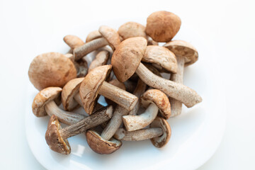 Fresh raw boletus mushrooms in white plate on white background.