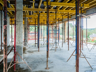 Construction site. Supports support the roof of the building. Metal supports hold the roof. Concept - temporary supports. Floor beams. Formwork. Telescopic racks during construction