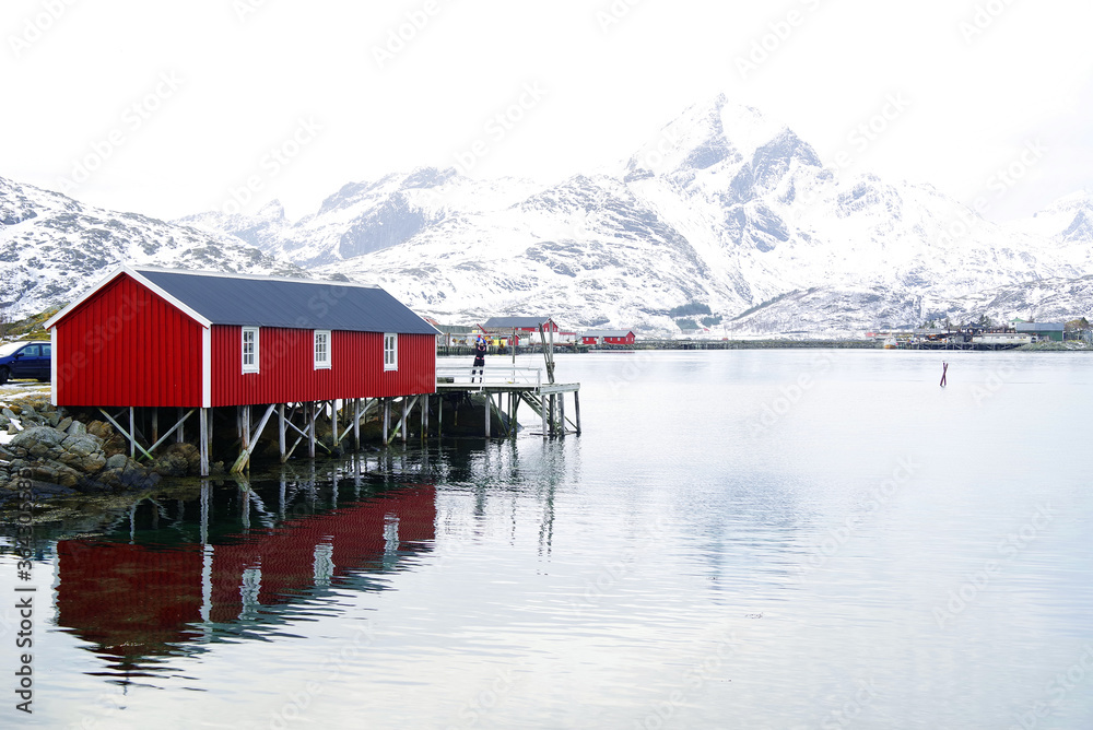 Poster winter in stamsund fishing village, norway, europe