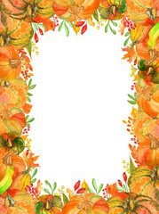 Pumpkins and autumn leaves border frame background template for poster