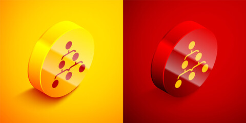 Isometric Business hierarchy organogram chart infographics icon isolated on orange and red background. Corporate organizational structure graphic elements. Circle button. Vector.