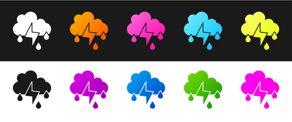 Set Cloud with rain and lightning icon isolated on black and white background. Rain cloud precipitation with rain drops.Weather icon of storm. Vector.