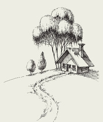 Small house in the garden vector hand drawing
