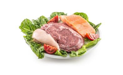 Plate of fresh meat beef chicken and salmon on a salad leaves, with isolated white background