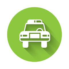 White Police car and police flasher icon isolated with long shadow. Emergency flashing siren. Green circle button. Vector.