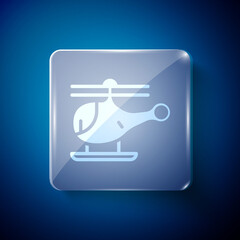 White Helicopter aircraft vehicle icon isolated on blue background. Square glass panels. Vector.
