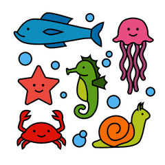 set of cute simple sea animals