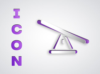 Paper cut Seesaw icon isolated on grey background. Teeter equal board. Playground symbol. Paper art style. Vector.