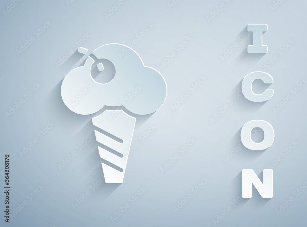 Canvas Prints paper cut ice cream in waffle cone icon isolated on grey background. sweet symbol. paper art style. 