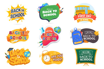 Back to school badge collection. Beginning the new school year banners set in different styles. Isolated on white. Design element for promotion, marketing. Vector illustration.