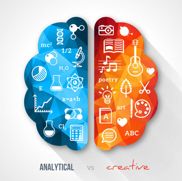 Creative brain Idea. Vector concept. Sciences and arts. Back to school icons. Left and right brain functions.