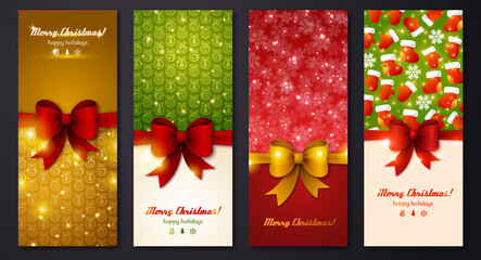 Christmas greeting cards. Vector illustration. Place for text message. Design in classic Christmas colors. Holiday brochure, vertical banners set.