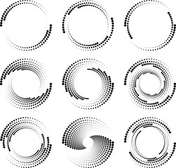 Set of black thick halftone dotted speed lines. Round form. Geometric art. Design element for frame, logo, tattoo, sign, symbol, web pages, prints, posters, template, pattern and abstract background
