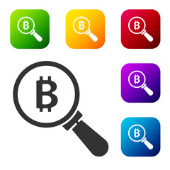Black Magnifying glass with Bitcoin icon isolated on white background. Physical bit coin. Blockchain based secure crypto currency. Set icons in color square buttons. Vector.