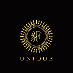 Golden Circle Deco F Luxury Floral Letter Logo Design. Monogram unique emblem ornate nature floral leaf with initial letter logo