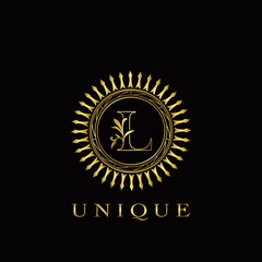 Fototapeta premium Golden Circle Deco L Luxury Floral Letter Logo Design. Monogram unique emblem ornate nature floral leaf with initial letter logo