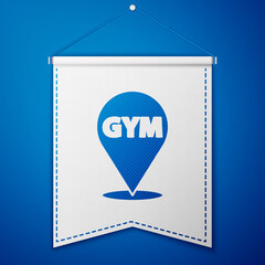 Blue Location gym icon isolated on blue background. White pennant template. Vector.