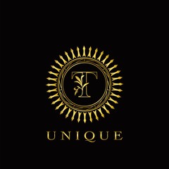 Golden Circle Deco T Luxury Floral Letter Logo Design. Monogram unique emblem ornate nature floral leaf with initial letter logo