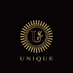 Fototapeta premium Golden Circle Deco U Luxury Floral Letter Logo Design. Monogram unique emblem ornate nature floral leaf with initial letter logo