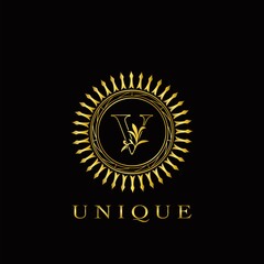 Golden Circle Deco V Luxury Floral Letter Logo Design. Monogram unique emblem ornate nature floral leaf with initial letter logo