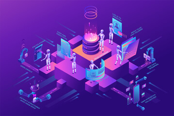 Robotic process automation concept with robots working with data, arms moving files, extracting information from websites, digital technology service, 3d isometric vector illustration - 364310540