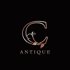 Gold Rose C Luxury Letter Logo Template Design. Monogram antique ornate nature floral leaf with initial letter logo gold rose color