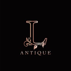 Gold Rose L Luxury Letter Logo Template Design. Monogram antique ornate nature floral leaf with initial letter logo gold rose color