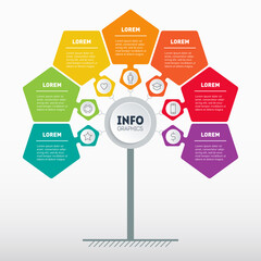 Business presentation concept with 7 options. Web Template of tree, info chart or diagram. Infographic of technology or education process with seven steps. Brochure design template.